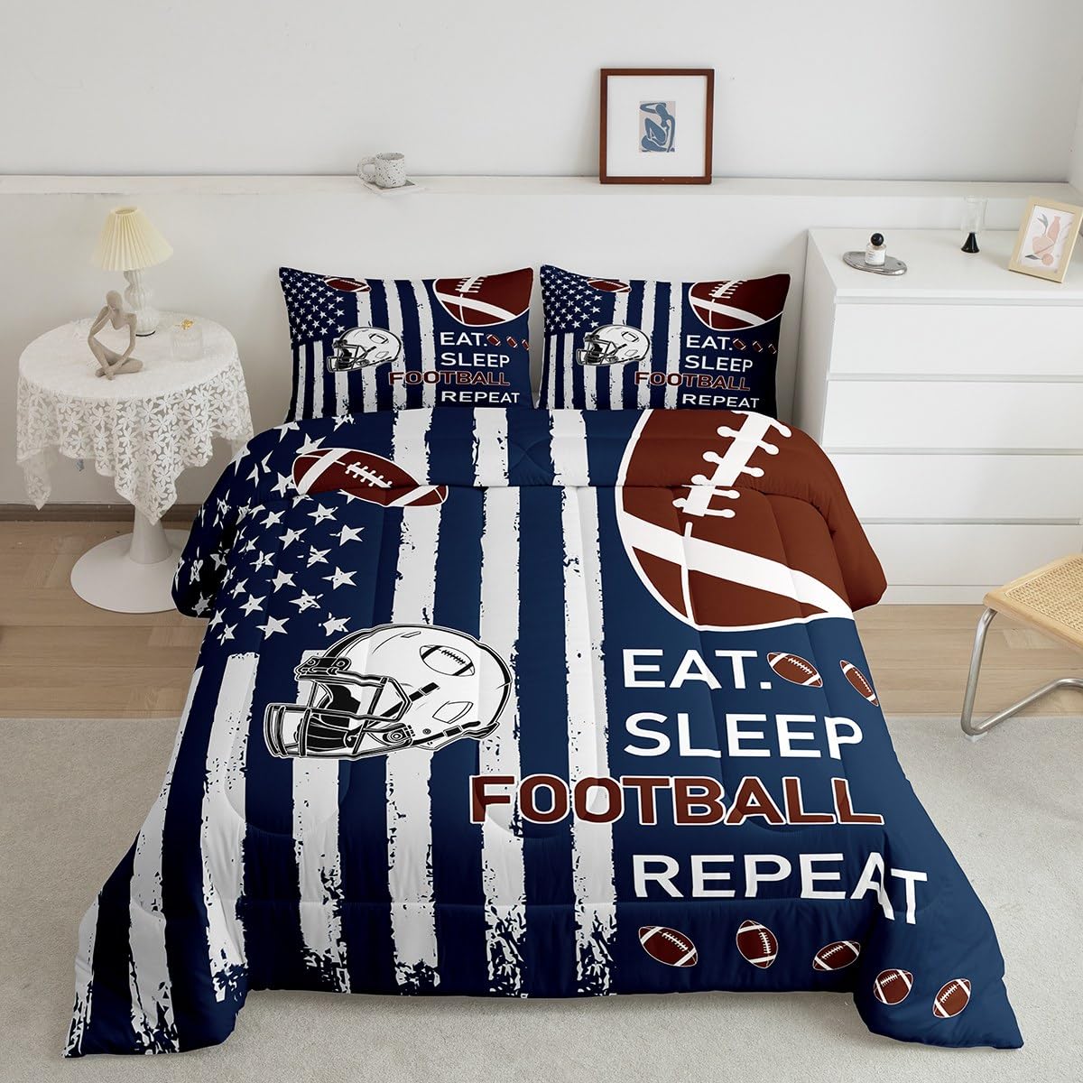 Feelyou Football Kids Boys Girls Bedding Set Queen Size Football City Themed Comforter Set Ultra Soft Rugby Helmet Comforter Flag Print Duvet Quilt Bedroom Decor Rugby Game Quilt