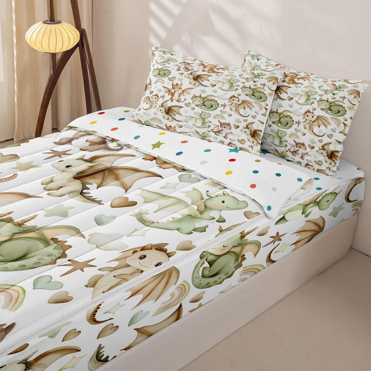 Erosebridal Dragon Zipper Bedding Set Twin Nursery Green Brown Dragons Zip Up Comforter Set with Sheets Kids Boys Girls Cartoon Animals Bed in a Bag Stars Rainbow Heart Pattern Bed Sets
