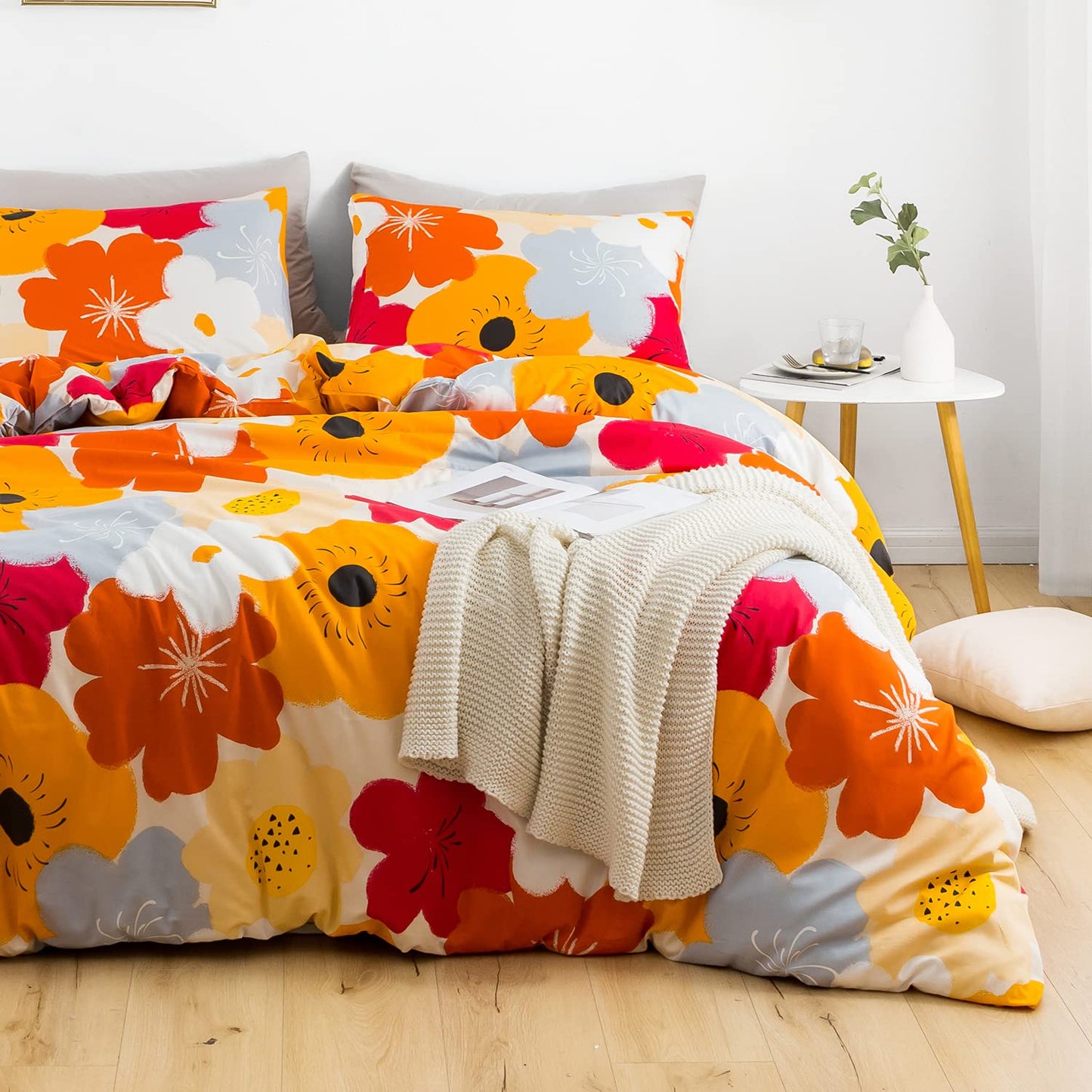 SUSYBAO Floral Duvet Cover Queen 100% Cotton Burnt Orange Flower Duvet Cover 3 Pieces Set 1 Orange Botanical Duvet Cover with Zipper Ties 2 Pillowcases Soft Colorful Blossom Plant Print Bedding