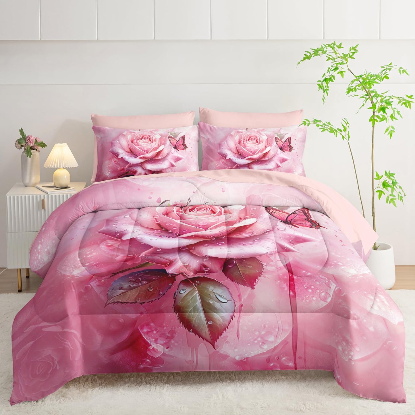 AILONEN 7-Piece Pink Rose Comforter Set Queen Size,Rose Flower Butterfly Bed in a Bag for Girls Women,Modern Romantic Floral Printed Art Pink Comforter + Fitted/Flat Sheet +2 Pillowcases + 2 Shams