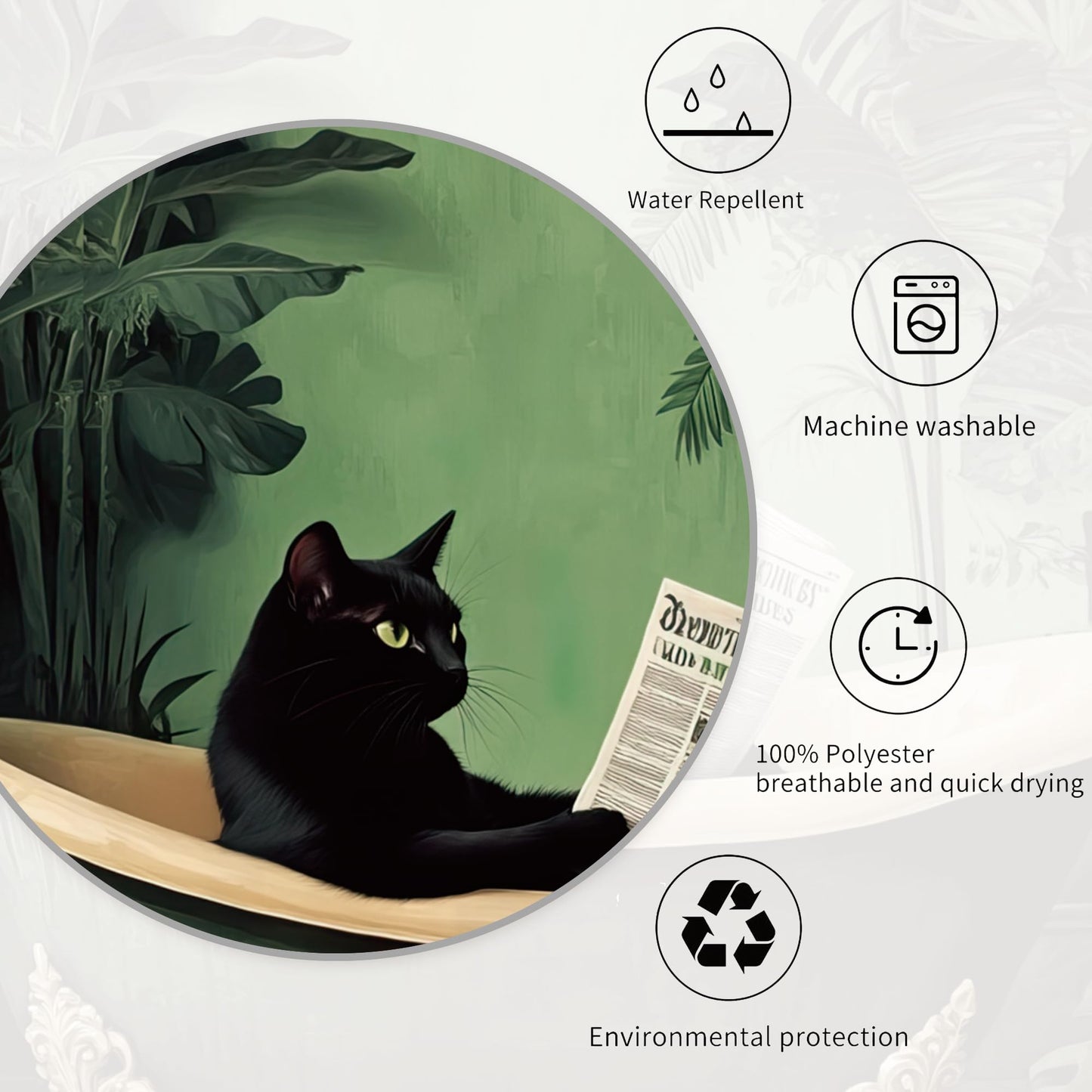 Miyotaa Funny Black Cat Shower Curtain Set 60Wx71H Inches Animal Hilarious Vintage Tropical Leaves Green Plant Polyester Waterproof Cloth Bathroom Curtain with 12 Hooks