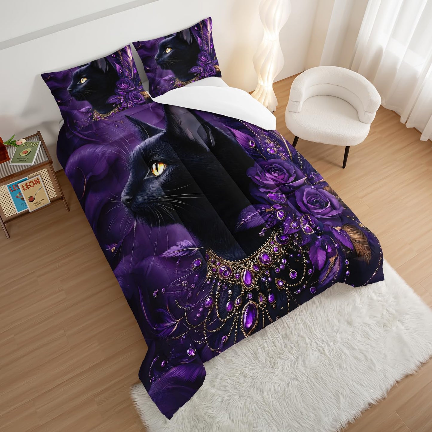 HOSIMA Cat Twin Size Comforter,Black Cat Wearing Diamond Necklace Print Animal Bedding for Women Girls Room Decor,Flowers and Feather Pattern Aesthetic Comforter with 2 Pillowcases.