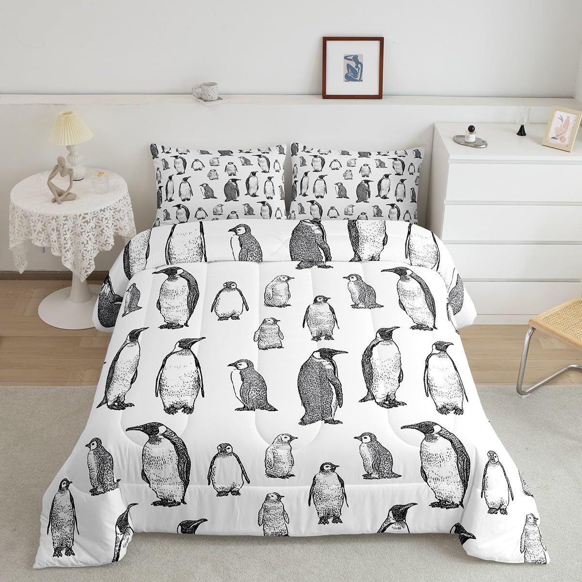 Erosebridal Penguin Comforter Set Twin Size, Antarctic Animal Down Comforter for Kids Boys Girls Children, Winter Theme Duvet Insert Penguin Sketch Quilted Duvet Bed Decorative, Grey White