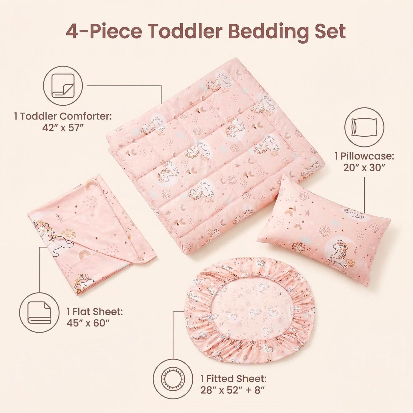 JSD Pink Unicorn Toddler Bedding Set, 4 Piece Bed-in-a-Bag Toddler Microfiber Comforter Sheet Set, Oeko-Tex Certified All Season Machine Washable