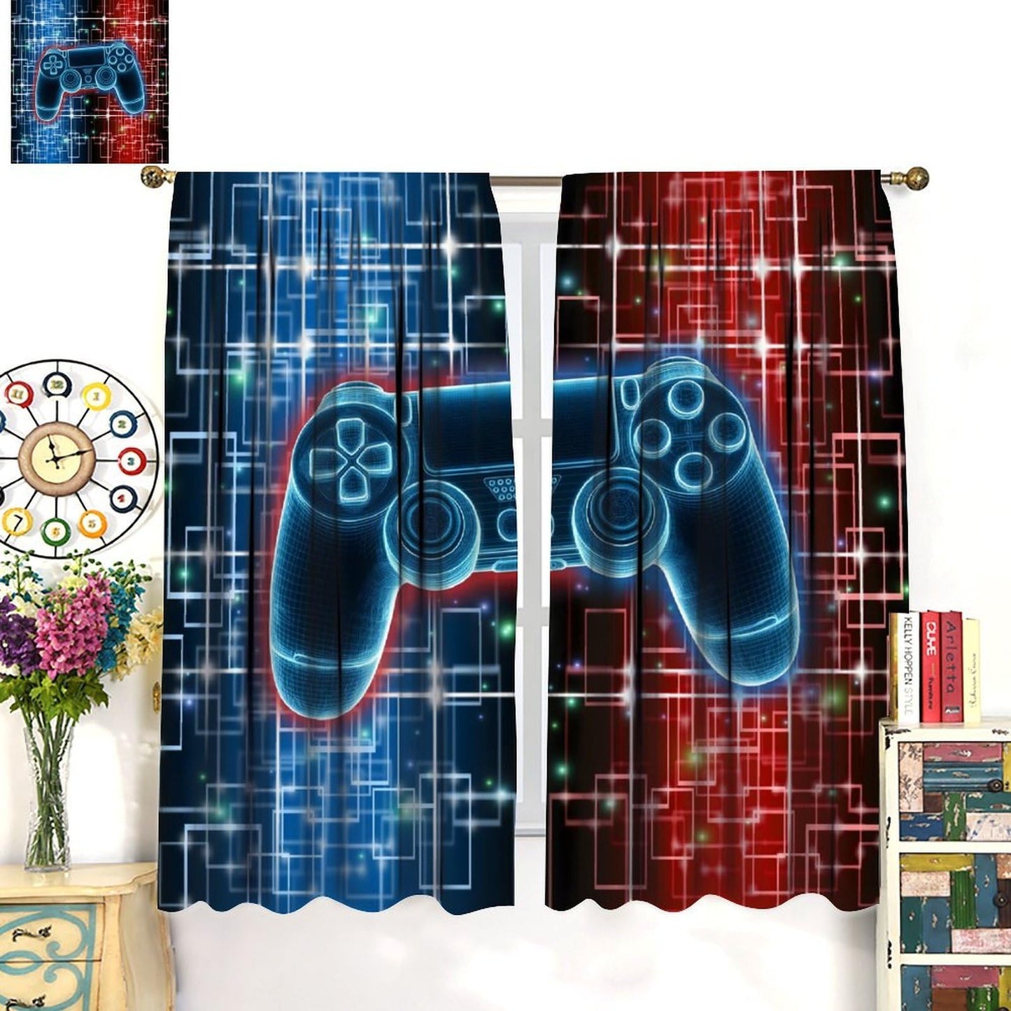 wlsgdsg Gaming Curtains for Boys,Gamepad for Gamer Kids Teen Red Blue Splashed Ink Cartoon Game Controller Playroom Window Treatments for Nursery Bedroom Living Room Teenager 42x45in（No Blackout）