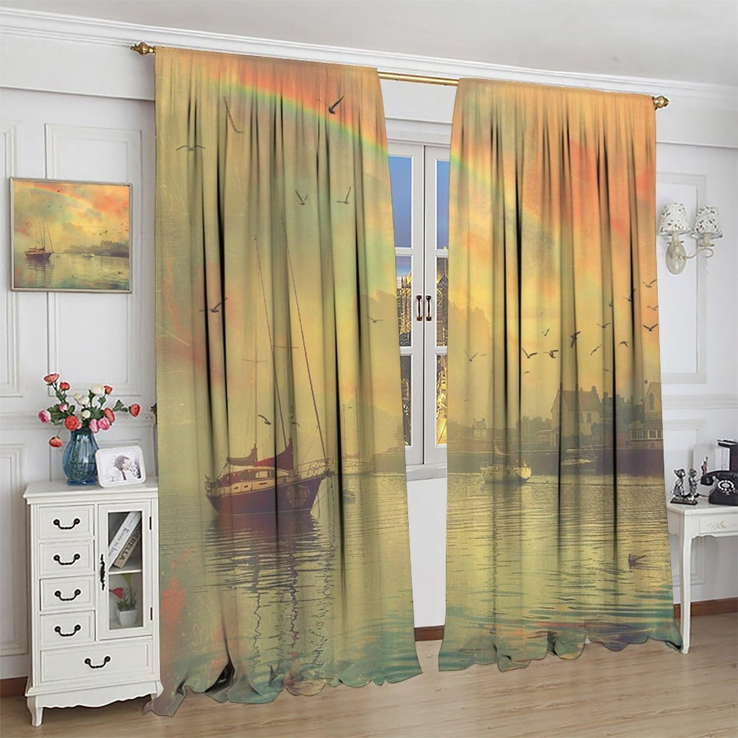 TOWINSFB Vintage Sailboat Nautical Blackout Curtains for Living Room Bedroom, Rainbow Seaside Scenery Window Curtains Rod Pocket Thermal Insulated Window Drapes, 2 Panels, Each 21W x 45L