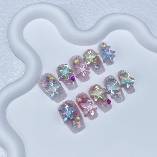 TENPAL 10PCS Summer Press on Nails with Tools Kit - Icy Ocean Blue Water Wave 3D Starfish Design Glue on Nails | Sparkling Glitter Coffin Fake Nails | Beach Theme Medium Long Cute Manicure Set(XS)