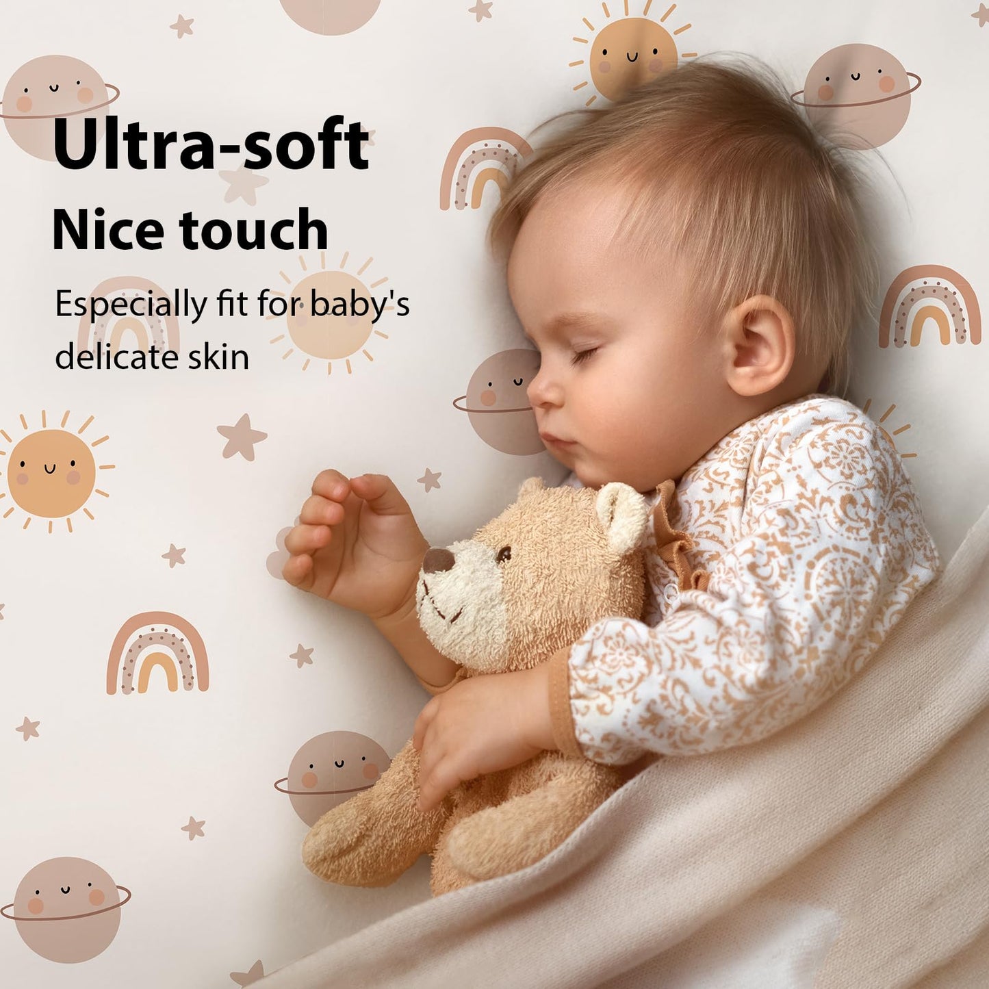 FIEMOL Baby Crib Sheets for Boys and Girls, 3 Pack Fitted Toddler Bed Sheets Neutral for 52”x28” Standard Crib and Toddler Mattresses, Super Soft Microfiber Orange Sun Rainbow