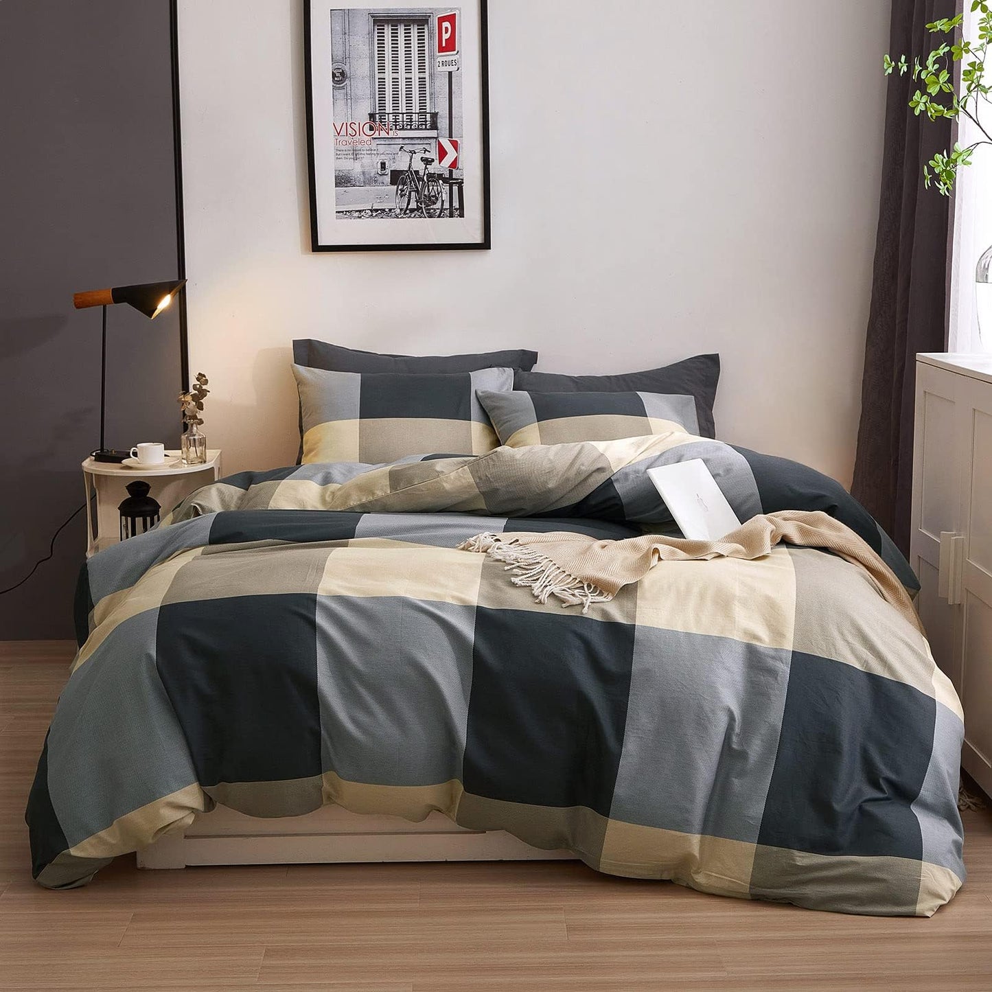 VM VOUGEMARKET Teens Boys Duvet Cover Queen,3 Pieces Black Gray Plaid Bedding Duvet Cover Set,100% Cotton Simple Modern Farmhouse Bedding Set Without Comforter-90x90,Checkered