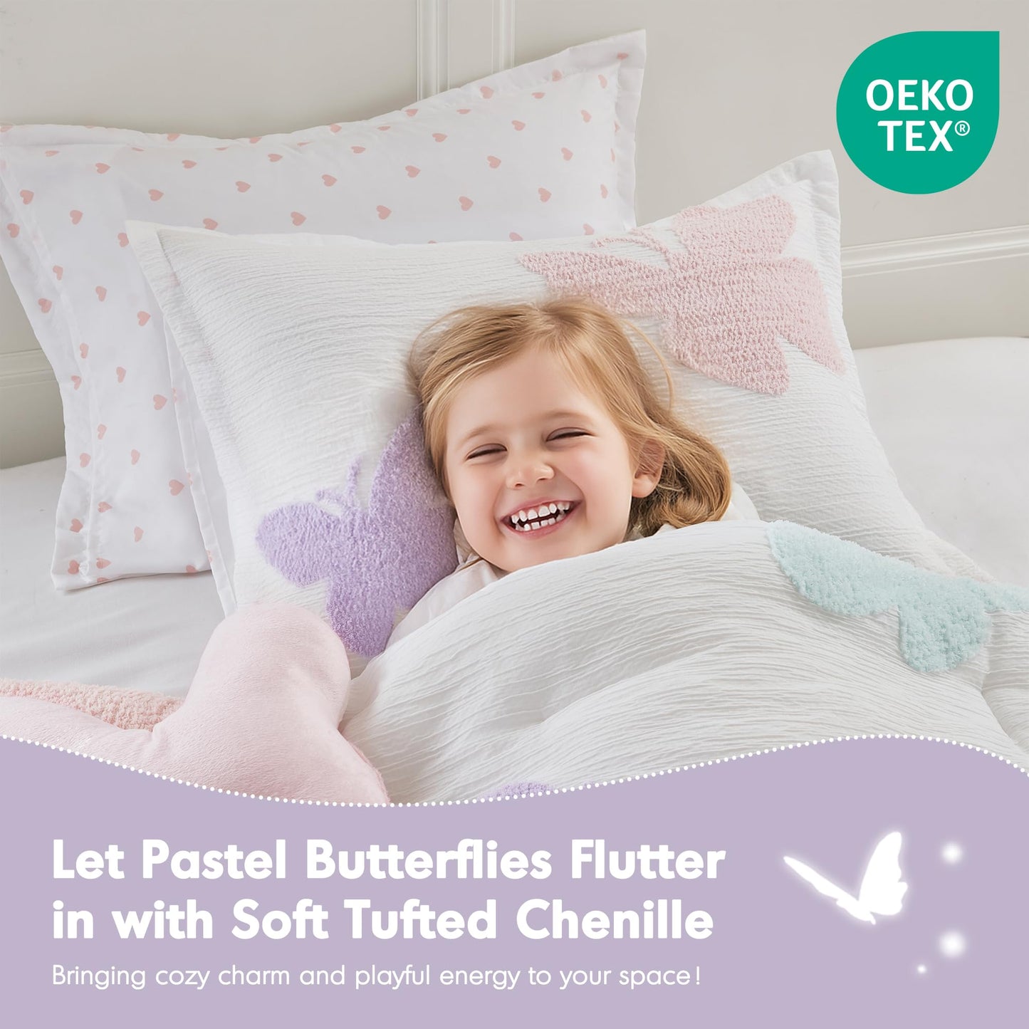 Intelligent Design Kids Rio Full/Queen Comforter Set – Girls’ Reversible Tufted Chenille Bedding with Pastel Purple Butterflies and Pink Dot, 4pcs