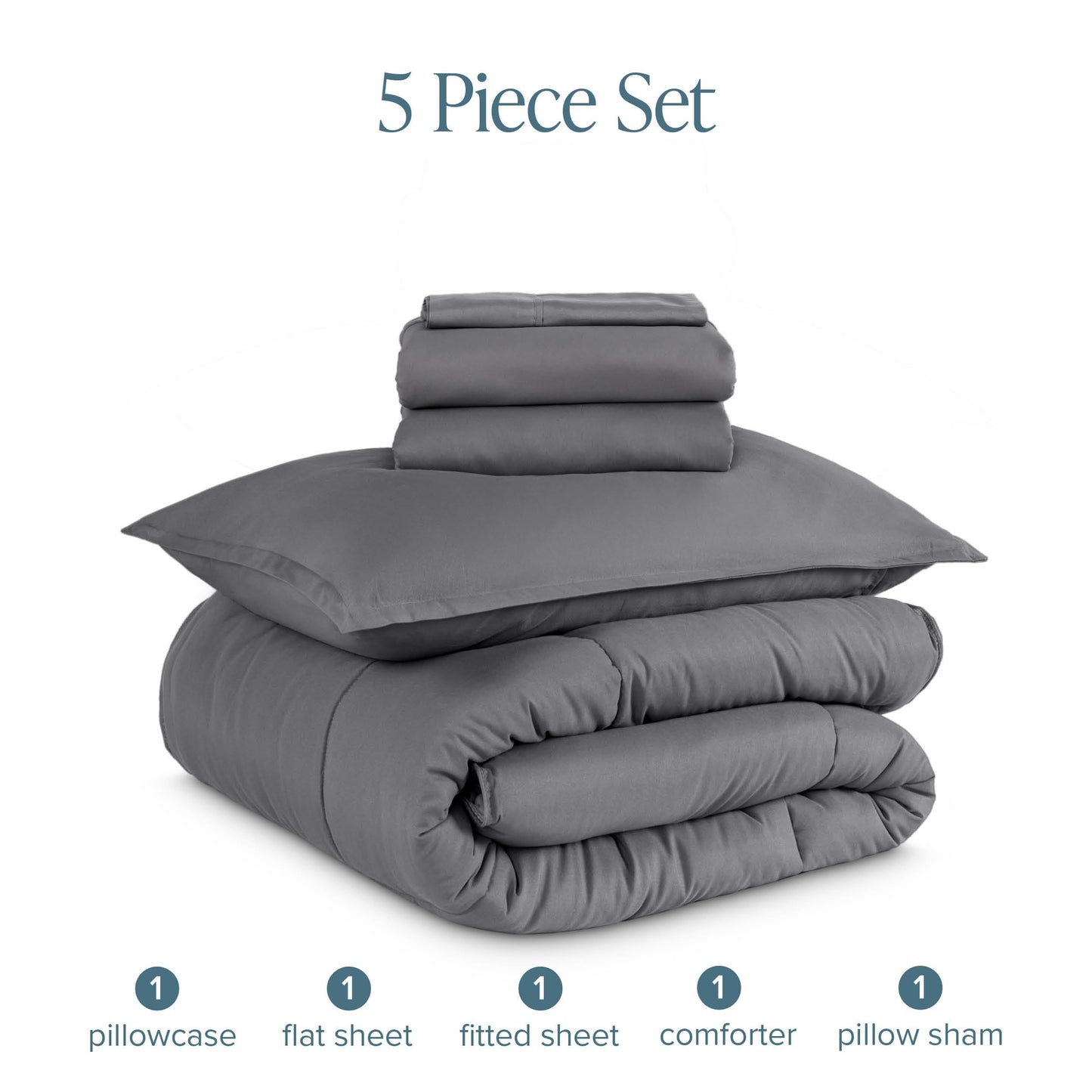 Bare Home Bed-in-A-Bag 5 Piece Comforter & Sheet Set - Twin XL - Goose Down Alternative - Ultra-Soft 1800 Premium Bedding Set (Twin XL, Grey/Grey)