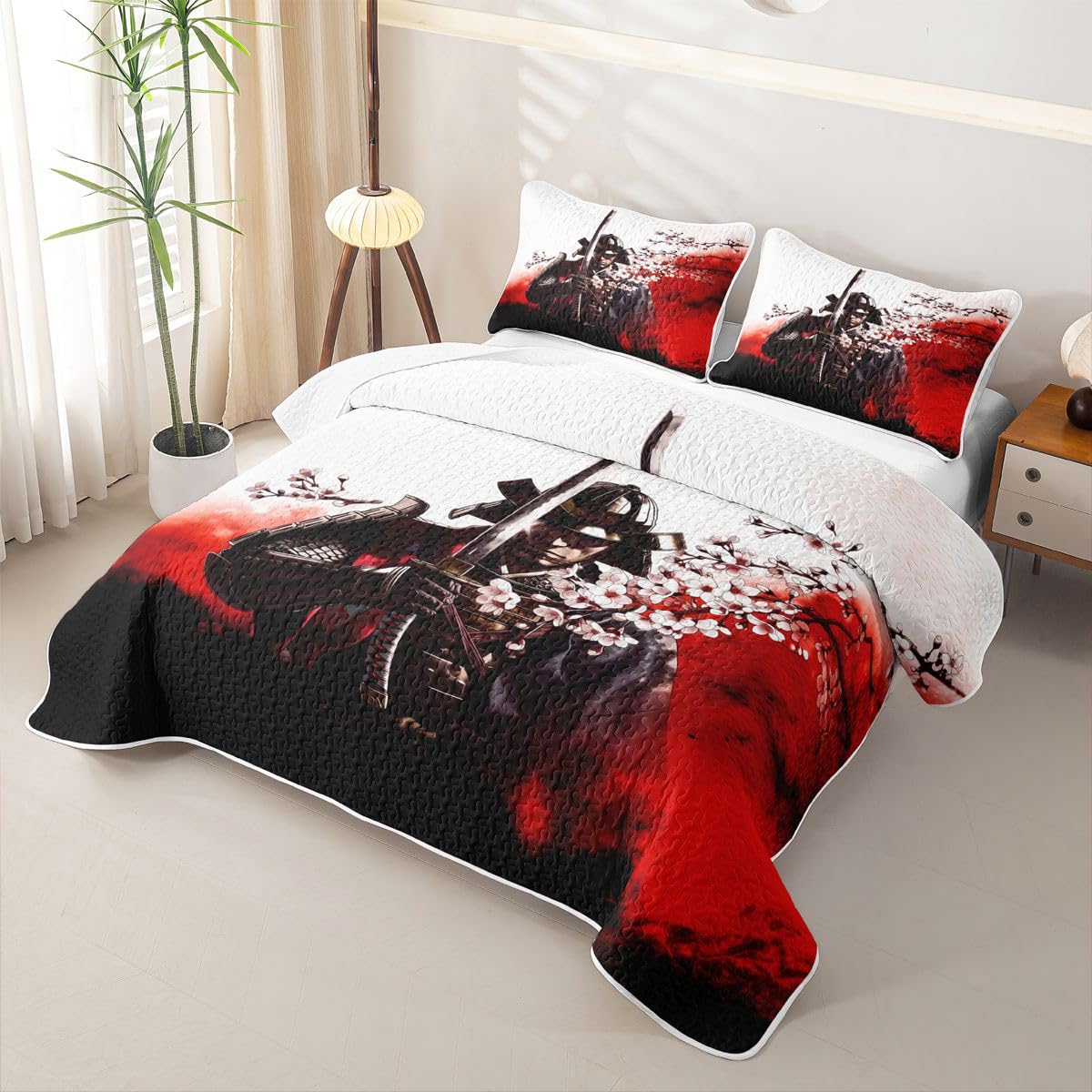 Erosebridal Japanese Samurai Quilts Twin Size - Japan Warrior Bedspread Coverlet Set, Cherry Blossom Quilt Coverlets 2Pcs (Only 1 Pillowcase)