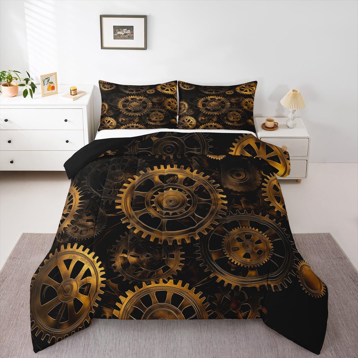 Golden Ndustrial Gear Comforter Set King Size Steampunk Style Bedding Set Clocks Theme Bedding Sets & Collections for Kids Boys Teens Men Mechanical Device Quilt Set,Retro Style Bedroom Decor