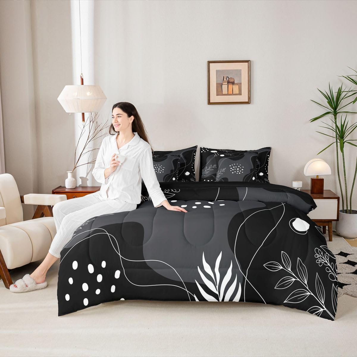 Erosebridal Mid Century Modern 7 Piece Comforter Set Full Bed in a Bag Boho Black Grey Bedding Sets Simplistic Geometrical Comforter and Sheet Set, Geometric Lines Bed Sets