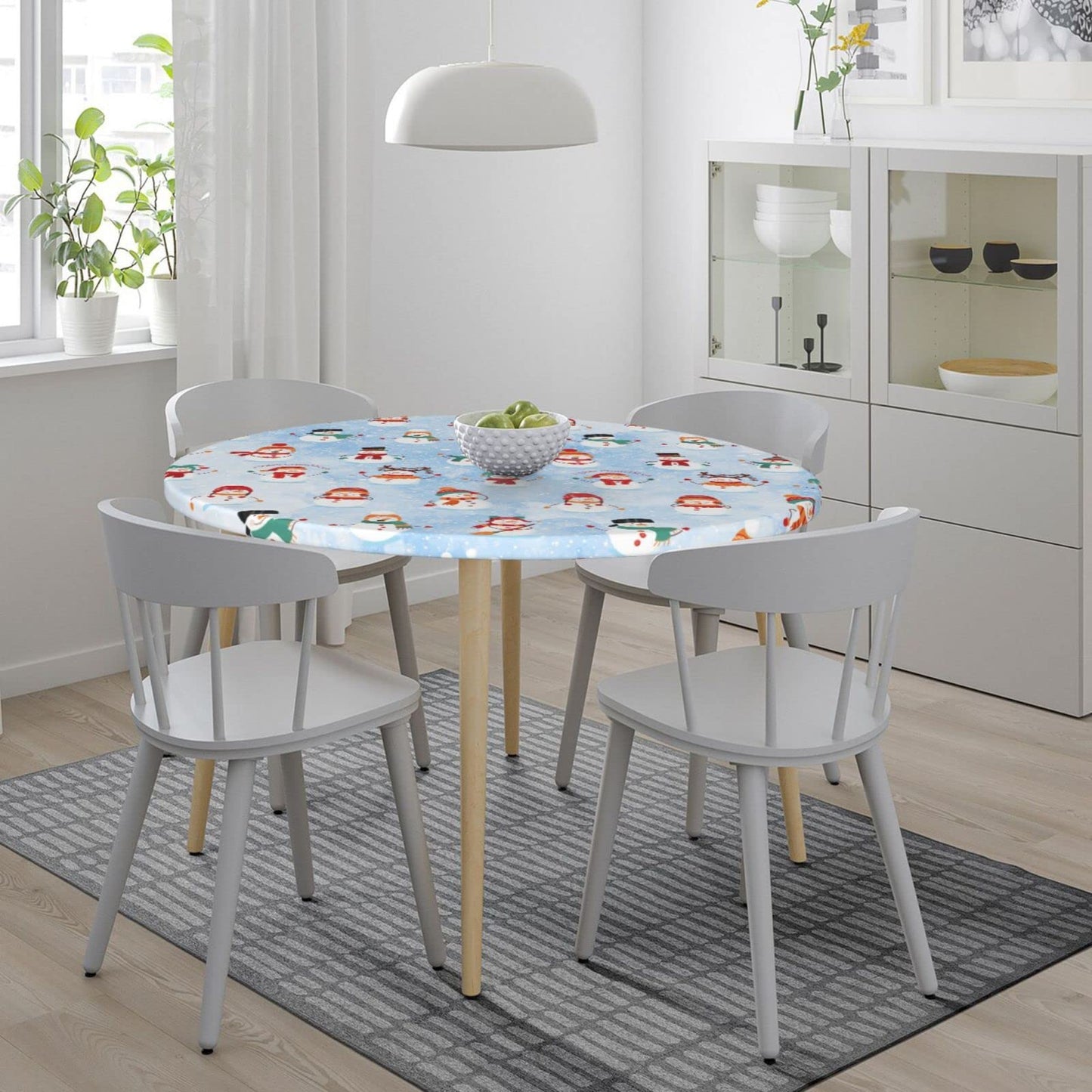 KUOAICY Christmas Snowman Winter Snow Blue Round Fitted Tablecloth with Elastic Edged Decorative Kitchen Dining Table Cloth Cover Fits 45-50" Round Table