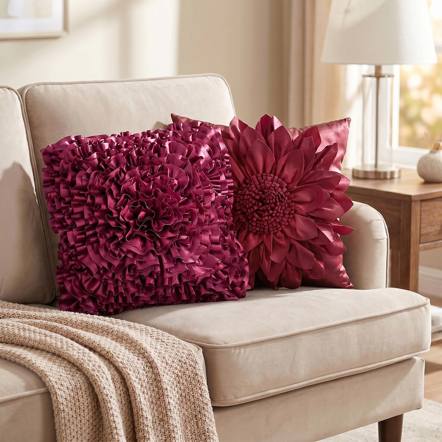 Bella's Giftshop 3D Sunflower Decorative Throw Pillow Covers for Bed Sofa Couch Car, Accent Floral Taffeta Cushion Cover, Handmade Pillow Cases Living Room Decor, 17x17 Inch-Burgundy