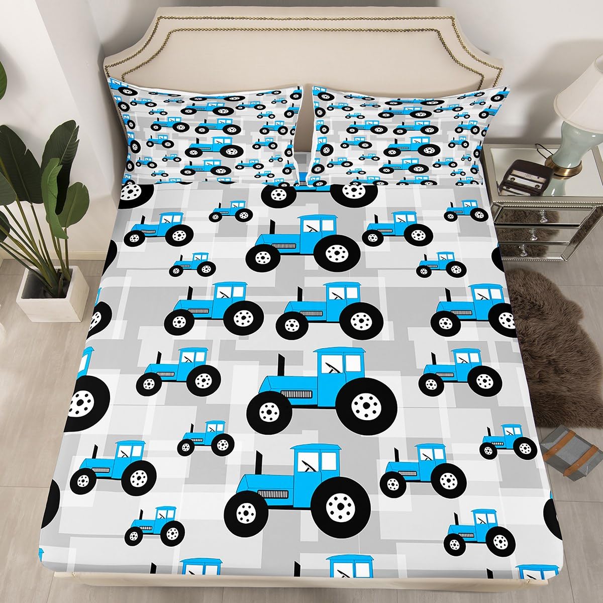 Blue Tractor Bedding Set - Cartoon Car Fitted Sheet for Boys & Girls - Farm Equipment Trucks - Full Size Bed Set (3Pcs)