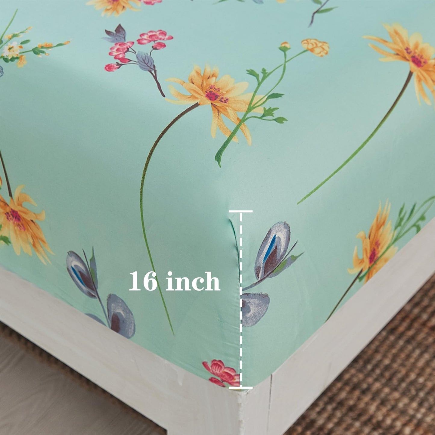 JSD Green Floral Printed Sheet Set Full Size, 4 Piece Soft Botanical Microfiber Sheets Extra Deep Pocket