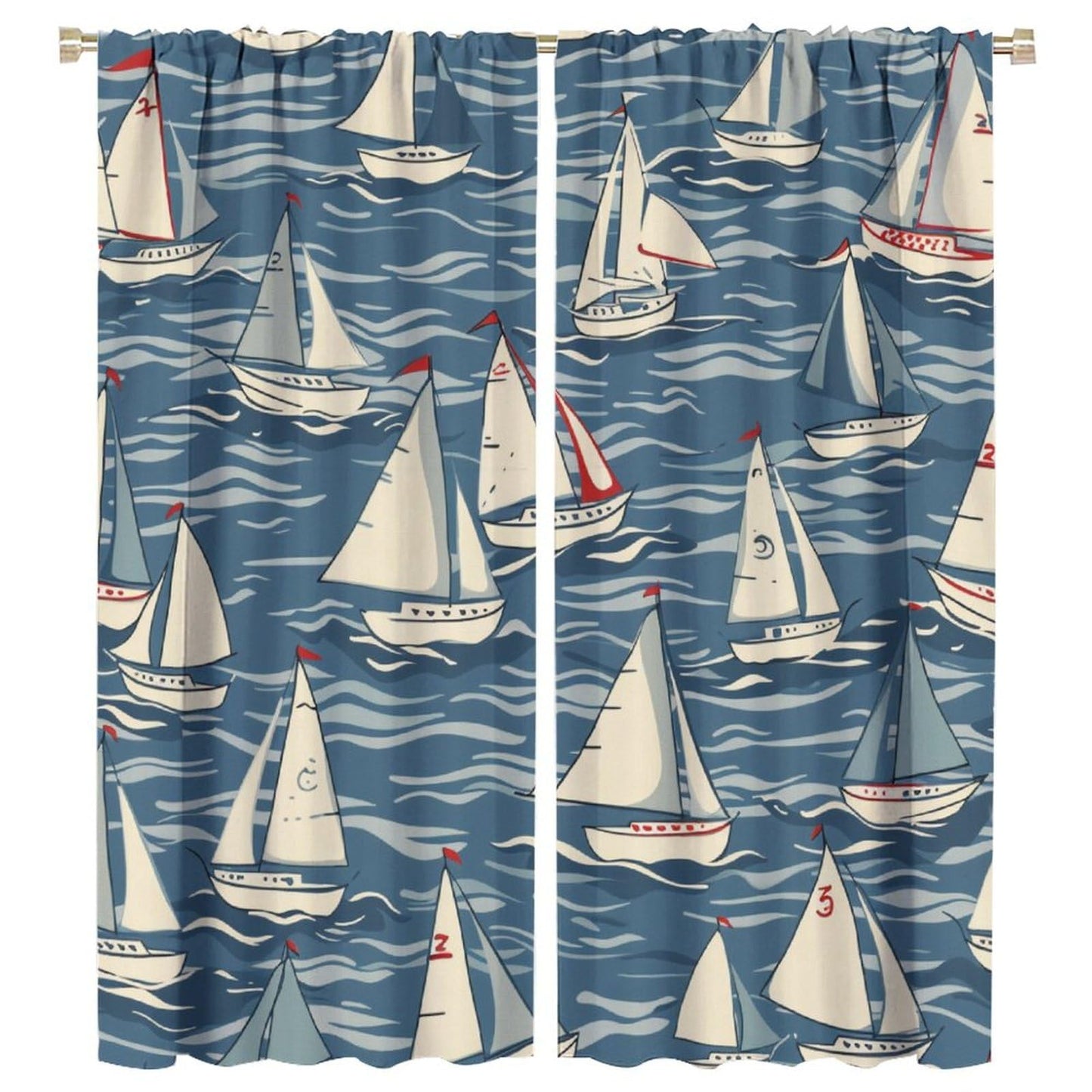 TOWINSFB Cartoon Sailboat Blackout Curtains for Living Room Bedroom, Ocean Wave Ship Nautical Illustration Window Curtains Rod Pocket Thermal Insulated Window Drapes, 2 Panels, Each 21" W x 45" L
