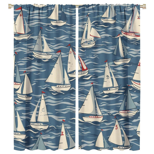 TOWINSFB Cartoon Sailboat Blackout Curtains for Living Room Bedroom, Ocean Wave Ship Nautical Illustration Window Curtains Rod Pocket Thermal Insulated Window Drapes, 2 Panels, Each 21" W x 45" L