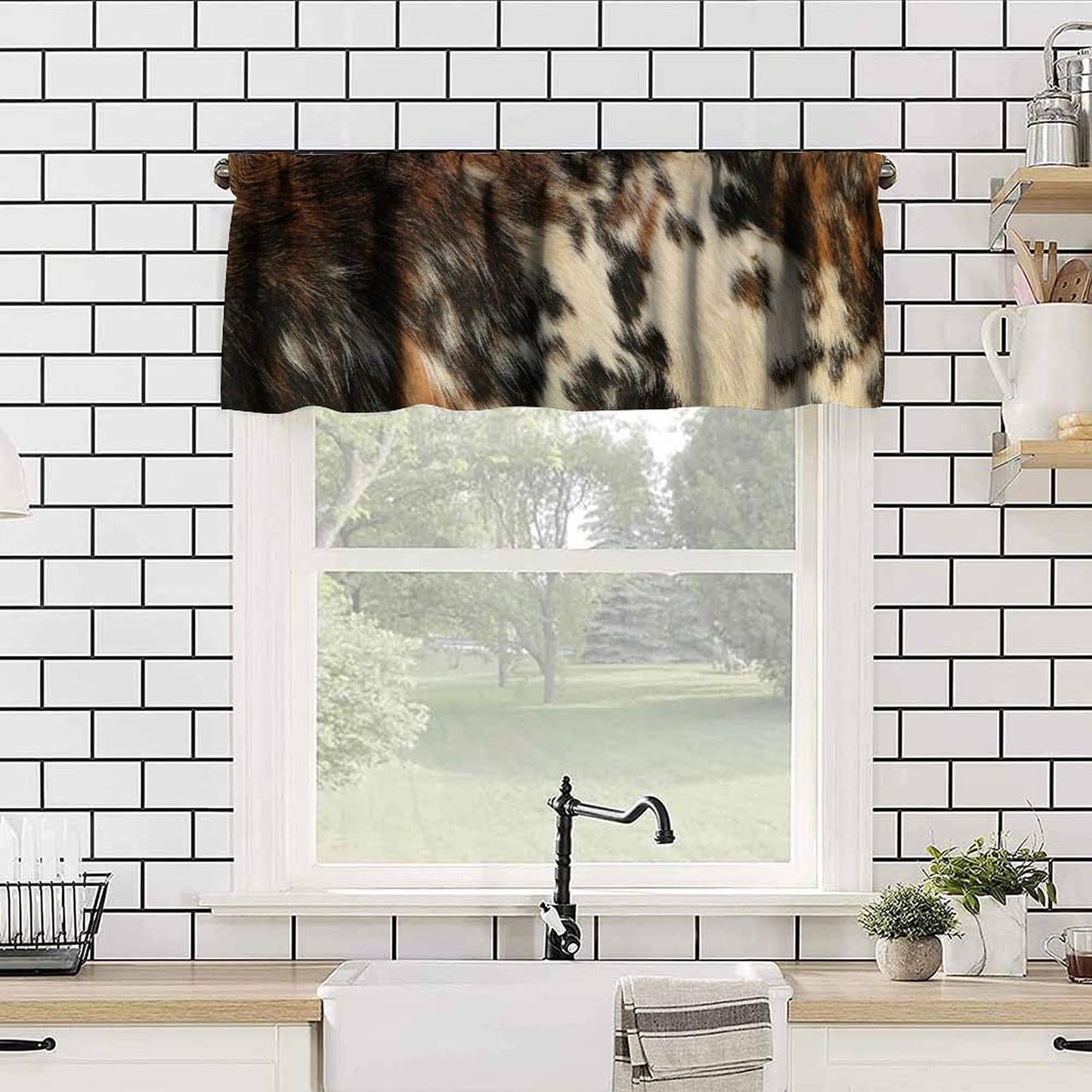 JanJCurt Brown Cowhide Valance, Rustic Vintage Western Farmhouse Highland Cow Fur Black Brown White Skin Print Short Blackout Window Drapes for Bedroom Kitchen, 54x18inch