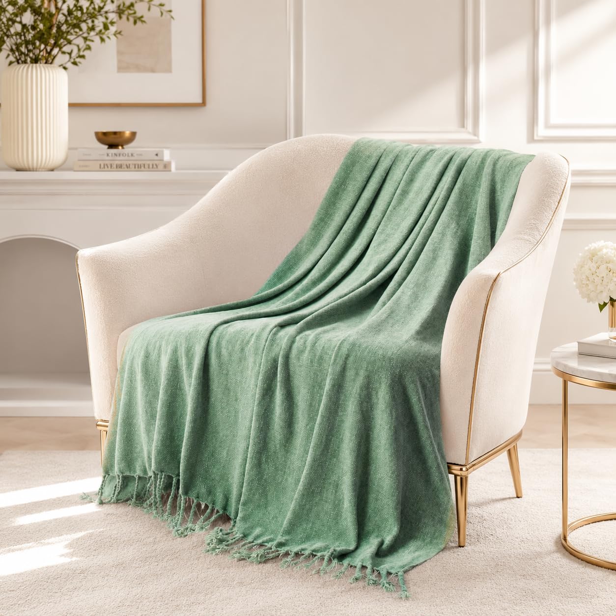 BATTILO HOME Sage Green Chenille Throw Blanket for Couch, Soft Cozy Textured Knit Throw Blanket with Handmade Fringe Tassels, Lightweight Decorative Farmhouse Blanket for Sofa Bed Chair, 50"x60"