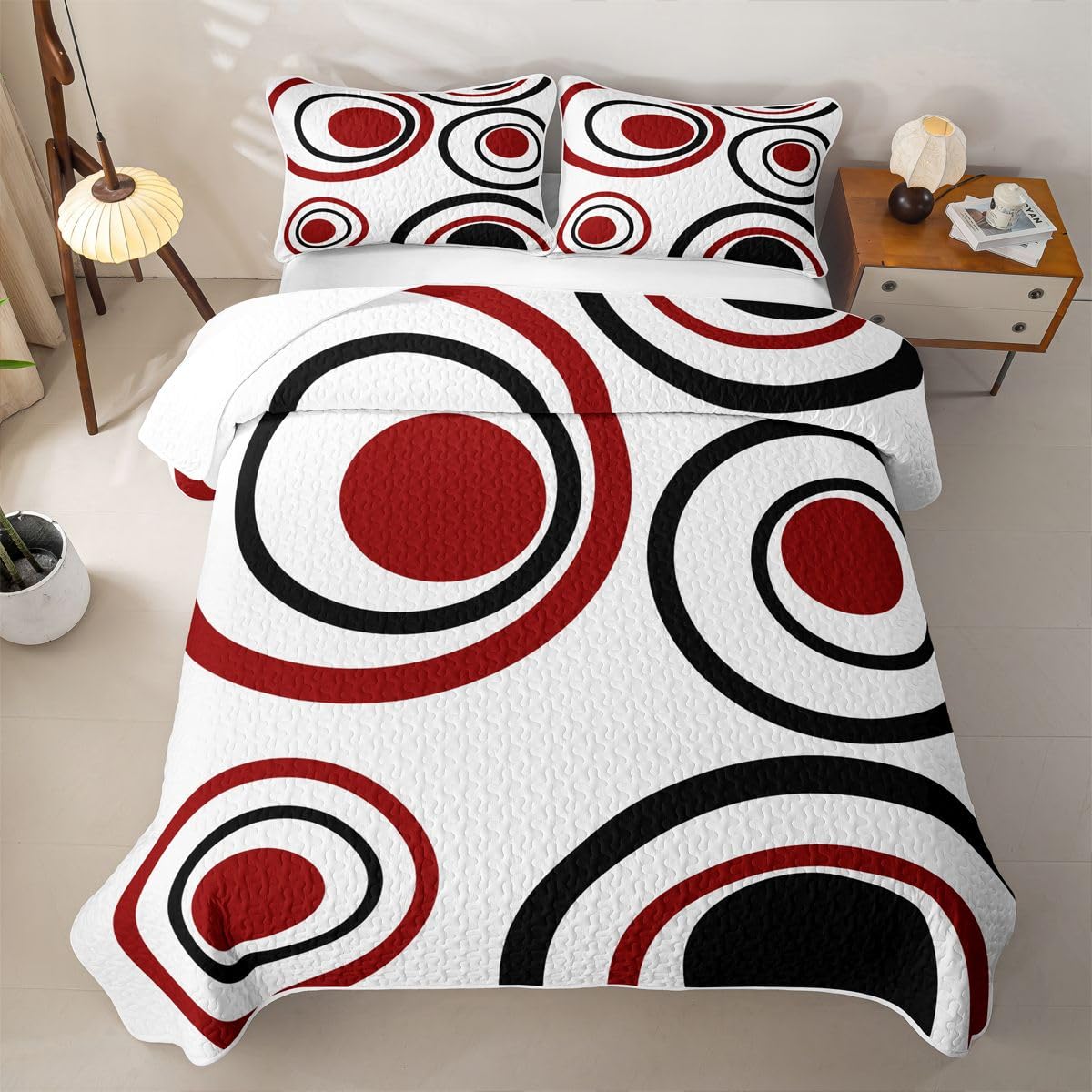 Erosebridal Red Black Circles Quilt Set Striped Abstract Quilt Twin Size Modern Geometric Coverlet Minimalism Lines Boho Simple Art Quilted Bedspread with 1 Pillowcase