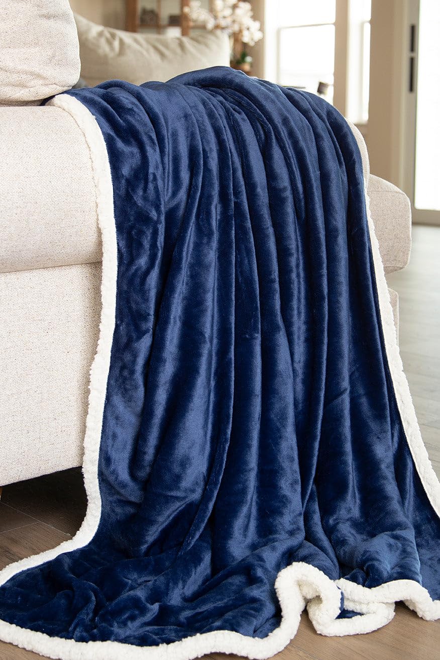 Carstens, Inc. Ultra Premium Super Soft Plush Sherpa Fleece Oversized Throw Blanket 54" x 68", Navy Blue
