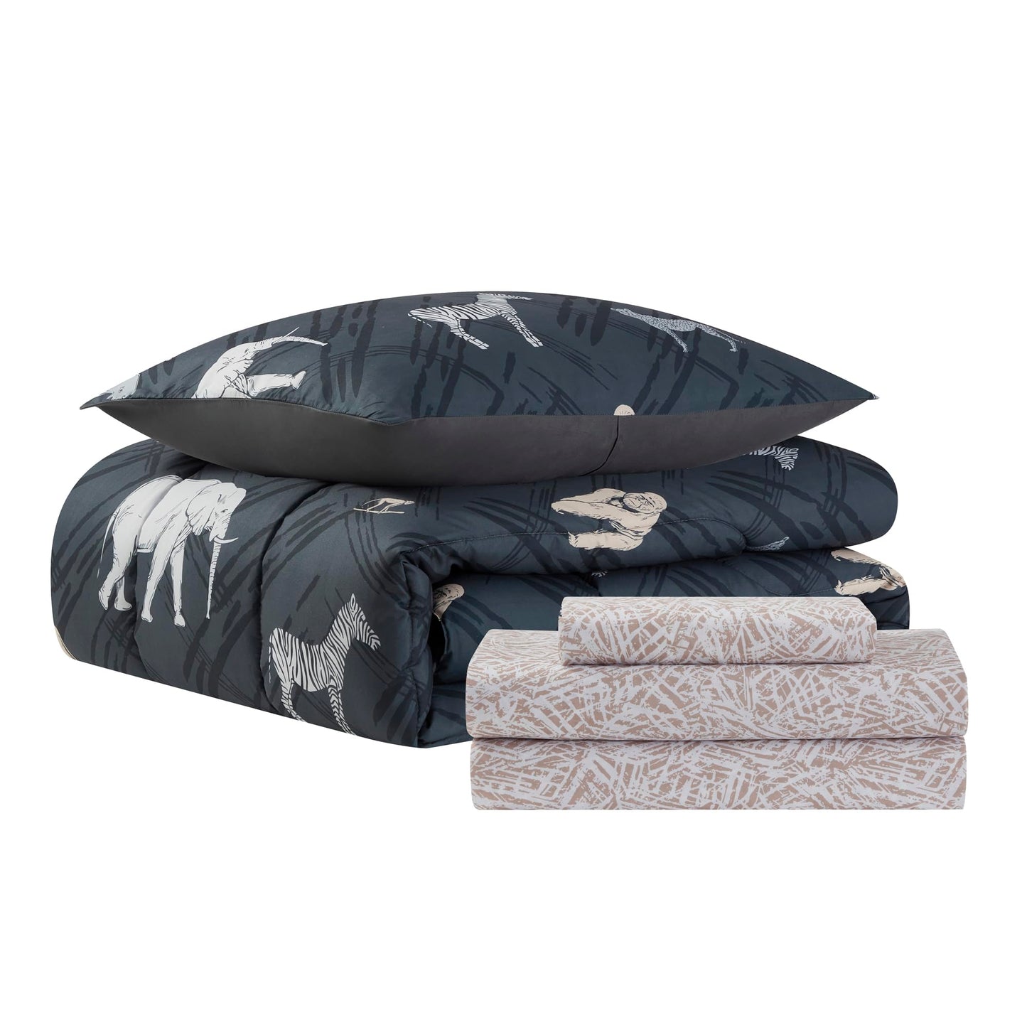 Kids Bedding Set Bed in a Bag for Boys and Girls Toddlers Printed Sheet Set and Comforter, Twin, Safari