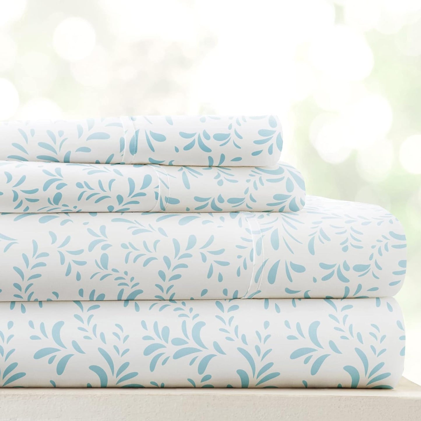 Linen Market Patterned Microfiber Queen Sheet Set 4 Piece – Oeko-TEX Certified Ultra Soft & Wrinkle-Free - 16" Deep Pocket Sheets - Easy Care Queen Size - Burst of Vines Light Blue