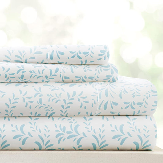 Linen Market Patterned Microfiber Queen Sheet Set 4 Piece – Oeko-TEX Certified Ultra Soft & Wrinkle-Free - 16" Deep Pocket Sheets - Easy Care Queen Size - Burst of Vines Light Blue