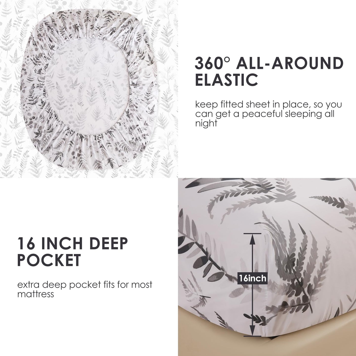 JSD Boho Floral Sheet Set Full Size, 4 Piece Grey Herbs Ferns Printed Microfiber Bed Sheets Deep Pocket