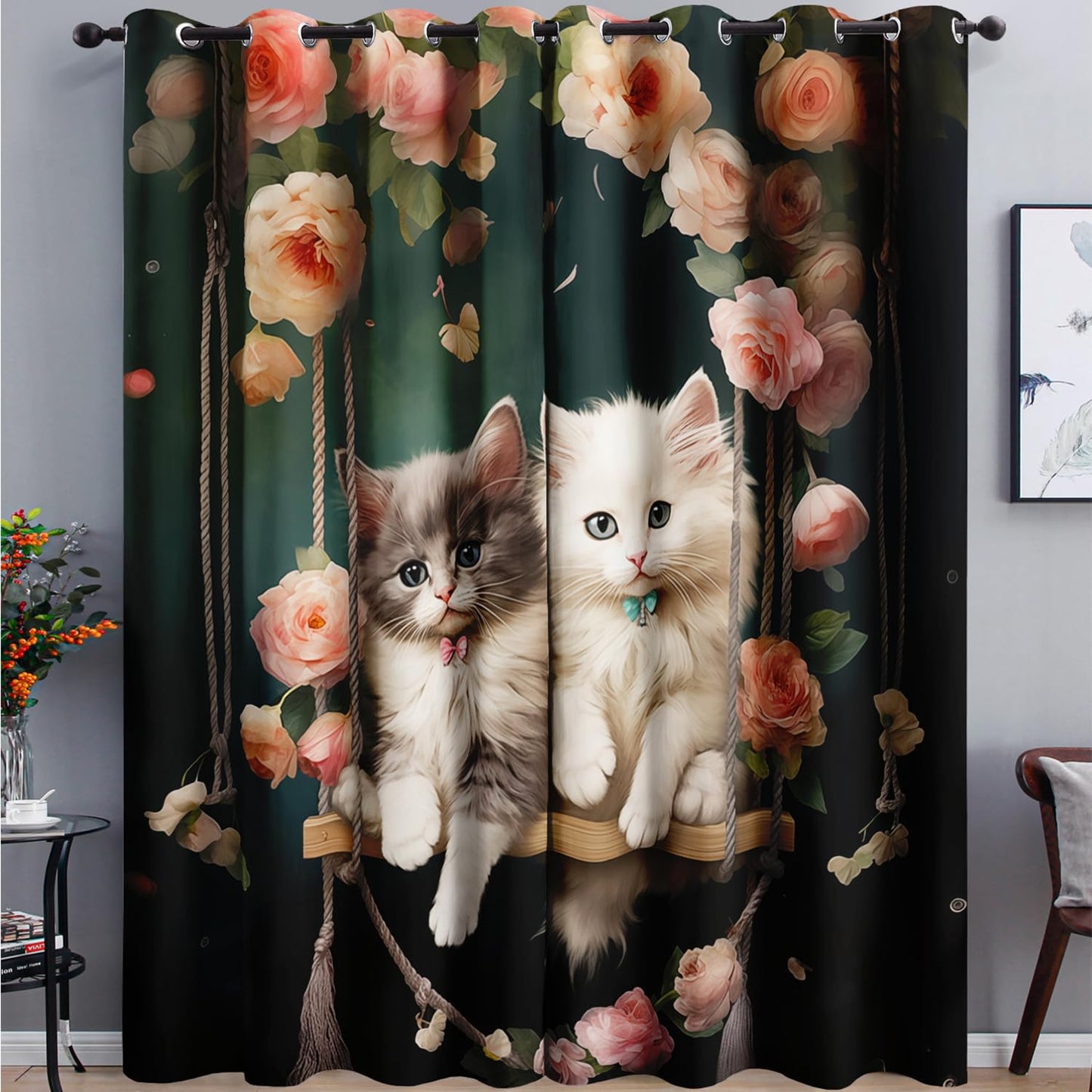 AILONEN Cartoon Beautiful Cat Window Curtains Drapes, Kawaii Kittens with Flower Curtain Tiers,Cat Lovers Animal Window Treatment for Bedroom Living Room, 38" W x 45" H 2 Panels