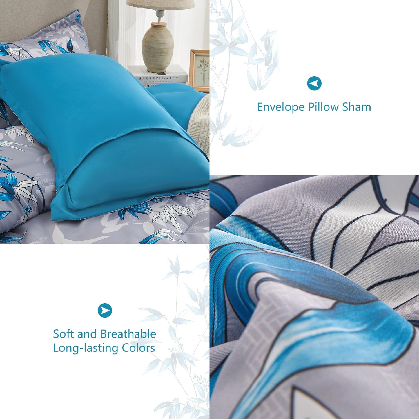 LXWORX Queen Comforter Set Blue - 7 Pieces Bed in a Bag Botanical Leaf Pattern Bedding Set, Soft Lightweight Bed Set with Comforter and Sheets for All Season (Blue,Queen)
