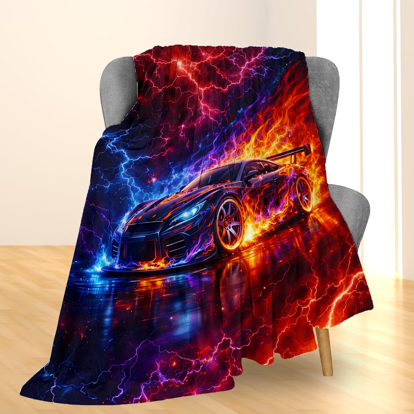 Ti Caldi Sports Car Blanket Gifts, Race Car with Fire Flames and Electric Lightning Flannel Throw Blanket for Couch, Bed, Travel & Decor, Cozy Lightweight Warm Blankets for Men Boys Teens 60×50 in