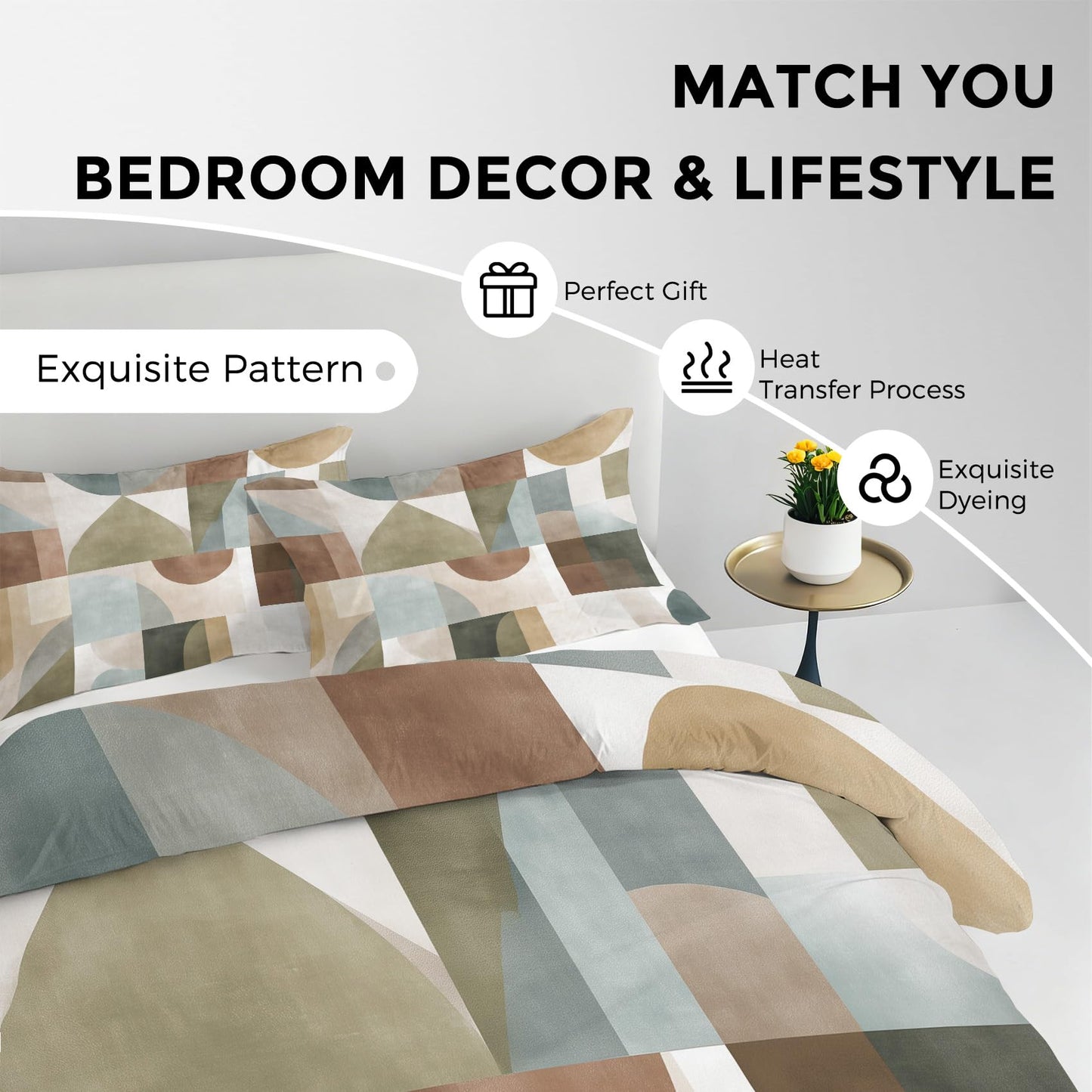 Abstract Geometric Duvet Cover Twin Size, Mid Century Modern Bedding Set 2 pcs with 1 Pillow Cover, Modern Geometry Bedroom Decor, Soft Microfiber Reversible, Zipper & Ties KJJT 108