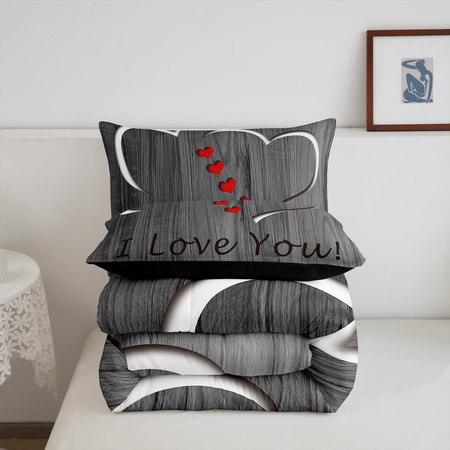 Erosebridal I Love You Bedding Queen,Simple Wooden Comforter Set,Romantic Valentine Gifts Down Comforter,Love Hearts Bedding Comforter Sets
