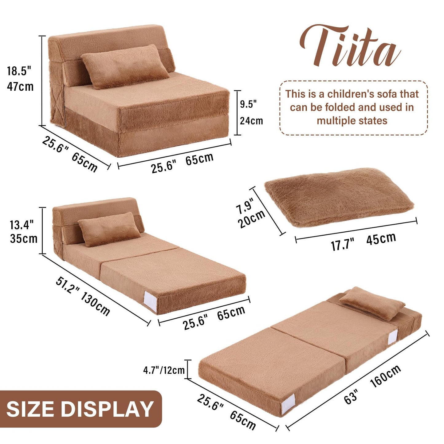 Tiita Convertible Folding Kids Sofa Bed with Pillow & Storage Bag, Plush Fabric Floor Mattress Couch Bed, Washable Cover, Kids Room, Playroom, Dorm, Apartment, Brown