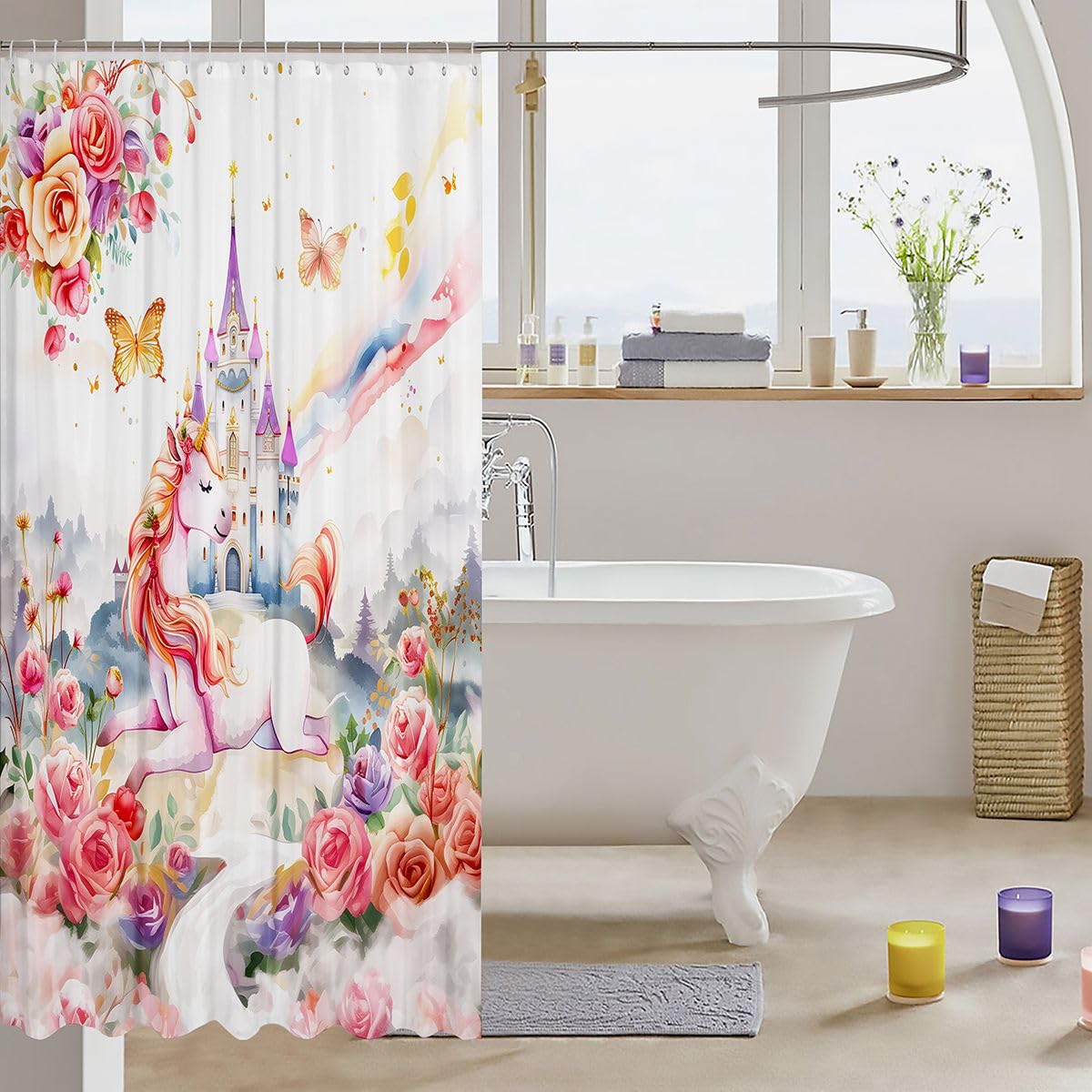 Feelyou Pink Castle Shower Curtain for Bathroom Decor Princess Bath Curtain Dreamy House Bathroom Accessories Fairy Tales Waterproof Polyester Fabric Rainbow for Stalls Bathtubs 72"x84"