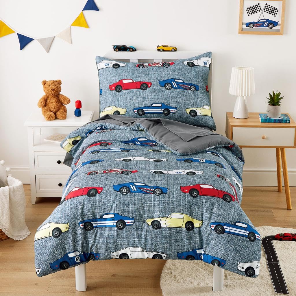 Wake In Cloud - Race Car Toddler Bedding Set for Boys, Cute Colorful Sports Car Supercar Wheels, 4 Pieces Soft Crib Bed Set Including Comforter, Sheets and Pillowcase, Gray