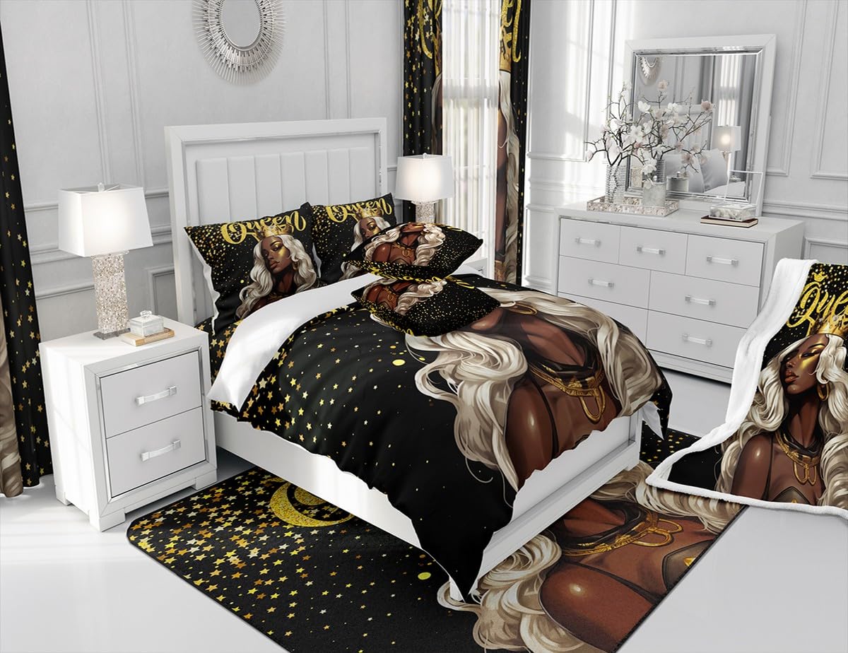 Black Woman Bedding Set Queen Size,Girls Crown Queen Golden Glitter Duvet Cover Set 3Pcs,African Style American Comforter Cover Boys Kids Teens Bedroom Decor,Fashion Beauty Quilt Cover,2 Pillowcases