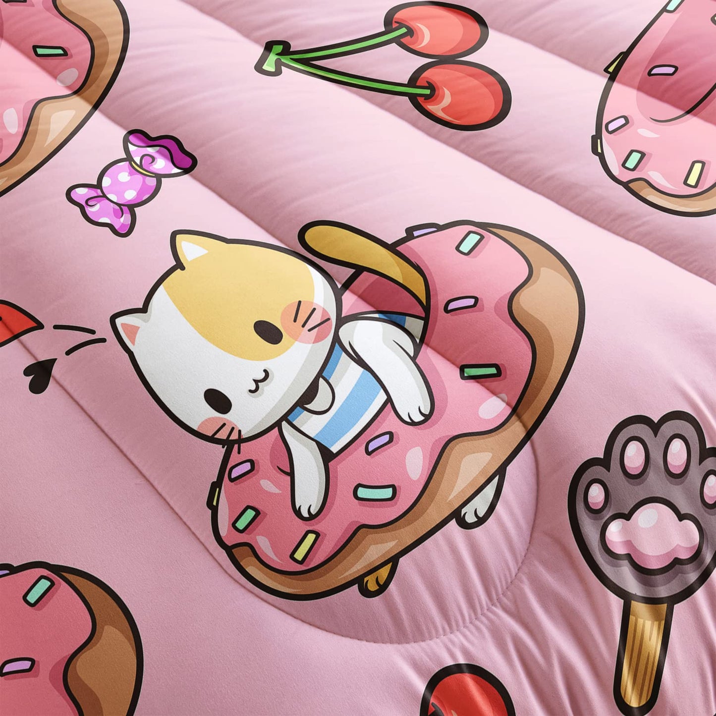QOOMO Kawaii Cat Comforter Twin Size,Doughnut Cherry Cat Comforter Set for Kids Teens Girls,3Pcs Bedding Set Printed Comforter with 2 Pillowcases,Soft and Lightweight(Pink，Twin Size)