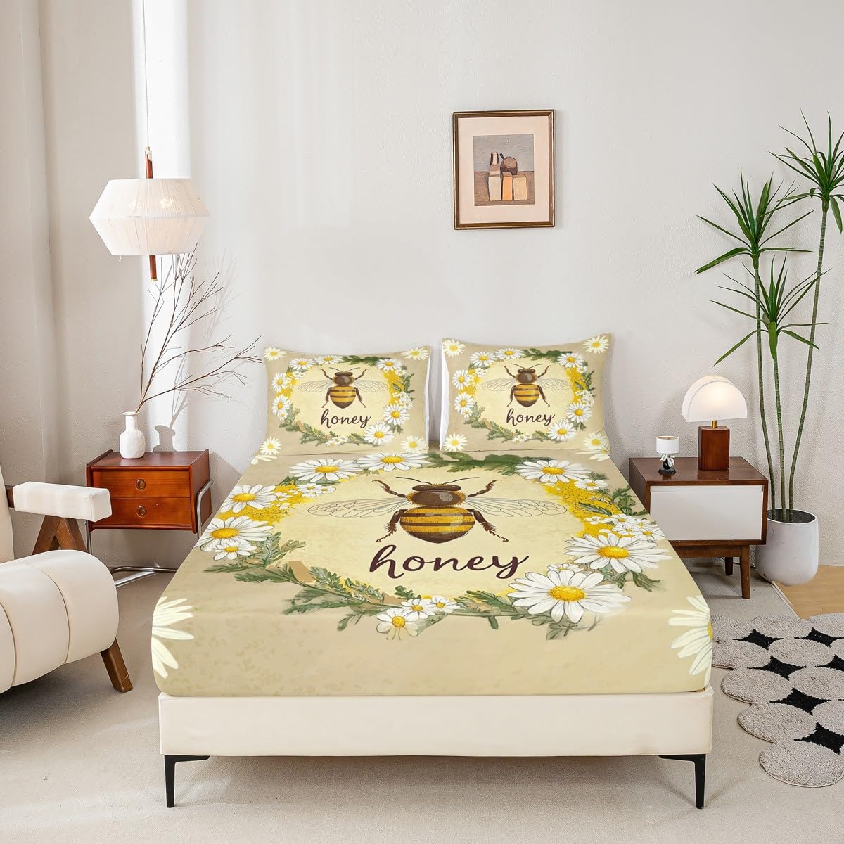 Erosebridal Kawaii Honey Bee Bedding Set Queen Cute Geometric Honeycomb Bed Sheets Farm Rustic Daisy Sheet Set for Kids Girls Teen Women,Soft Honey Bee Fitted Sheet + Flat Sheet + 2 Pillow Cases