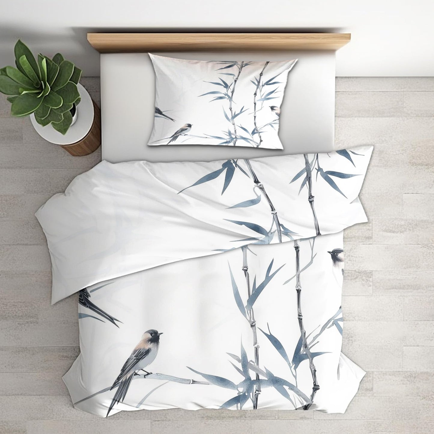 zcwl Bamboo Bird Print Duvet Cover Oversized King Size | Japanese Bedding Set | 3 Piece | Soft Microfiber Patterned Comforter Cover with Zipper Ties & 2 Pillowcases | Asian Botanical Bedroom Decor
