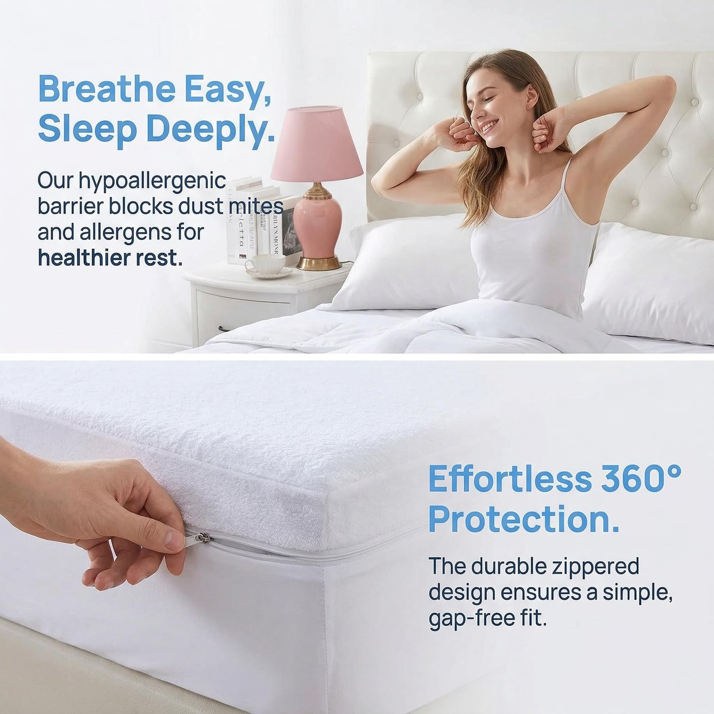 Queen Zippered Mattress Protector,Absorbent Six-Sided Mattress Cover Queen Size Bed, 12-15 Inch Noiseless Washable Mattress Encasement, Sleep Defense System, Hypoallergenic & Soft