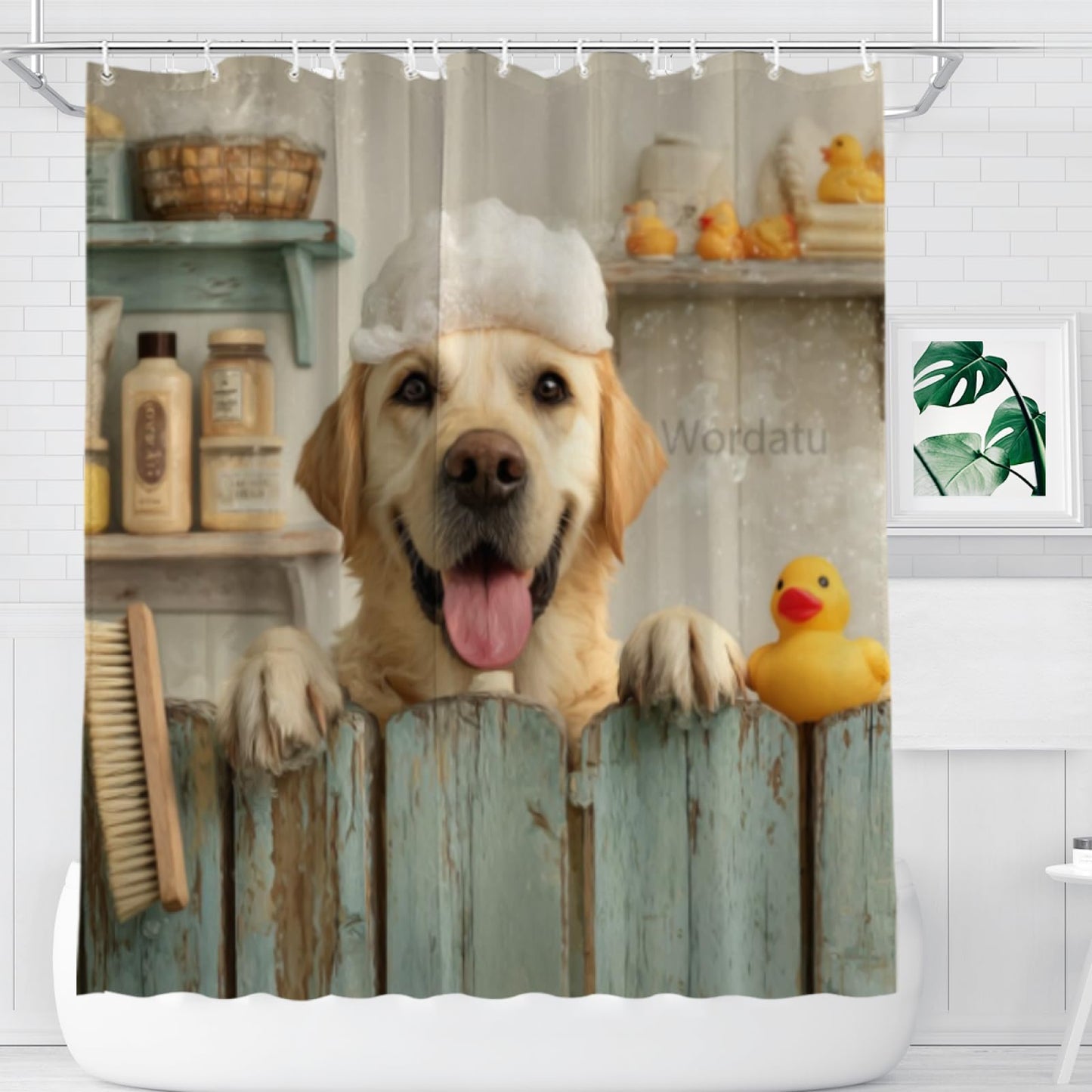 Wordatu Funny Labrador Retriever Farmhouse Shower Curtain Bathroom 72X72 Inch Rustic Pet Animal Country Bathroom Set Accessories Decor with 12 Hooks