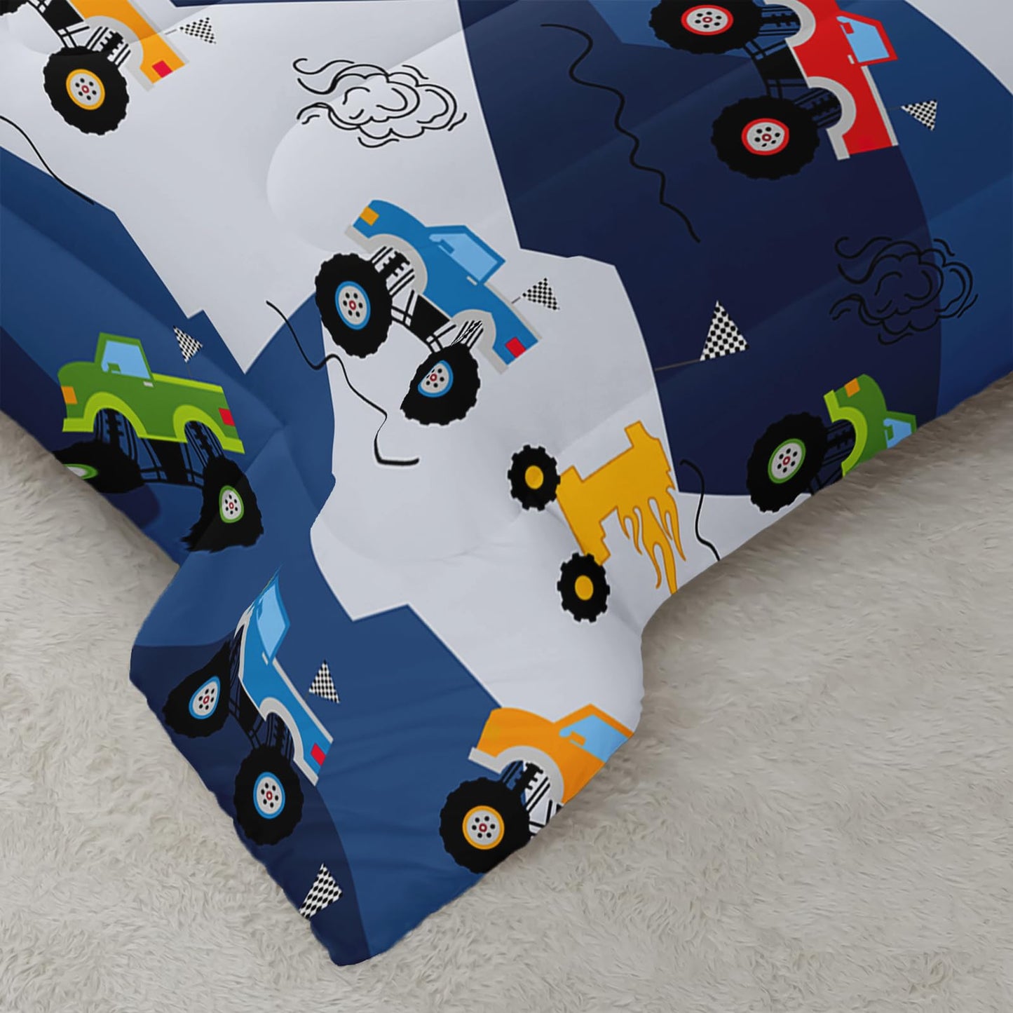 QOOMO 3Pcs Car Comforter Set Twin,Truck Bedding Set for Teens Boys Girls,Cars Printed Comforter with 2 Pillowcases,Down Alternative,Soft and Lightweight