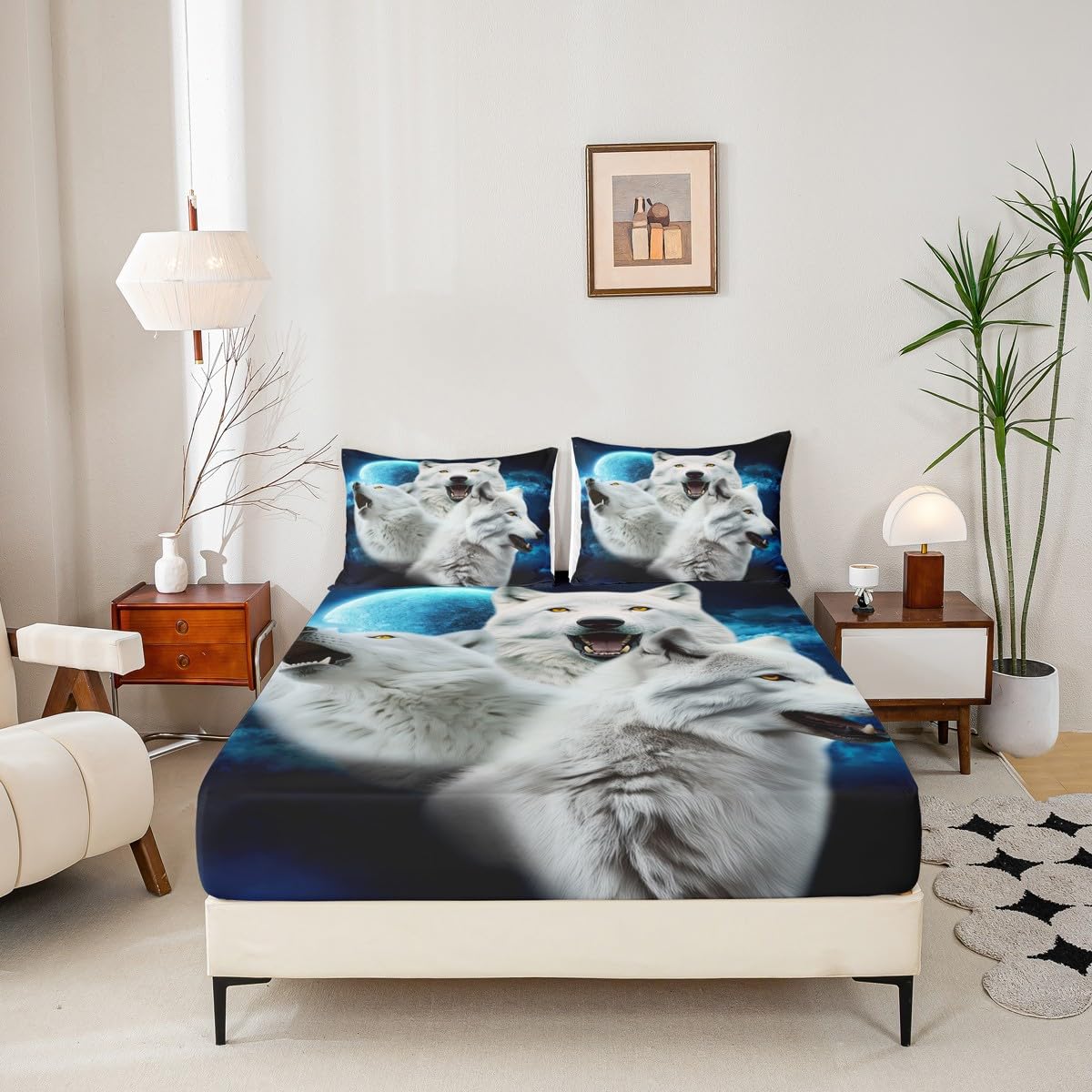 Manfei White Wolf 3D Print Fitted Sheet Full Size Night Moon Bedding Set 3pcs for Kids Teens Room Decor,Wild Animals Bed Cover Soft Breathable Bed Sheet Set with 2 Pillowcases