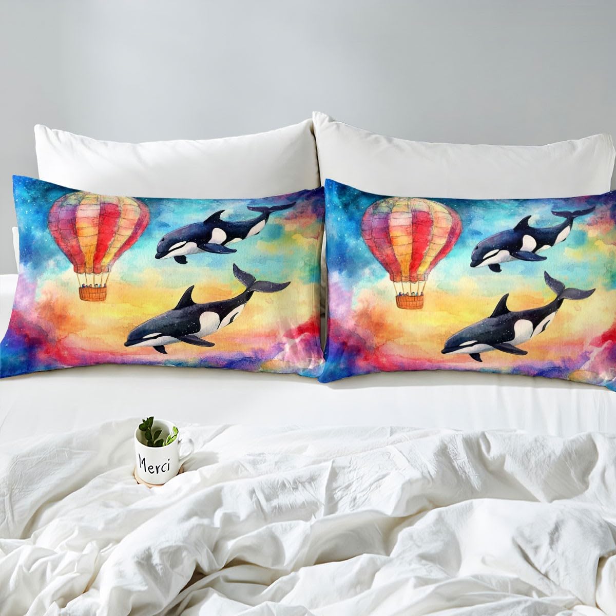 Feelyou Kids Valentine's Day Fitted Sheet Full Size, Cute Dolphin Bedding Set Rainbow Bed Sheet Set Boys Girls Romantic Teens Bed Cover Bedroom Decor Lightweight Bed Set (No Flat Sheet)