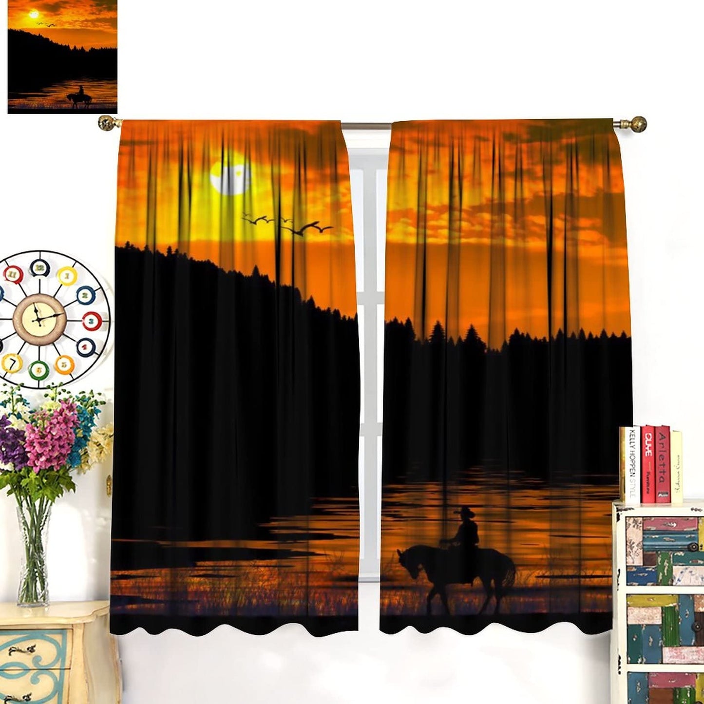 Kazynee American Cowboy Blackout Curtains for Living Room,Western Sunset Farmhouse Rustic Cowboy Riding Horse Window Drapes - Thermal Insulated and Noise Reduction,2 Panels 45L x 21W
